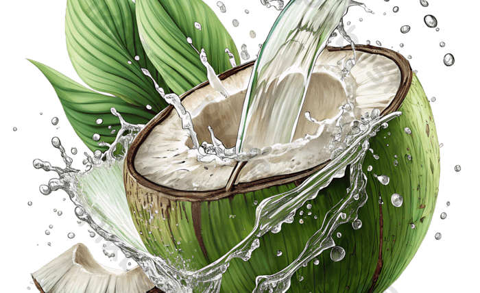 Green coconut with blue water splash